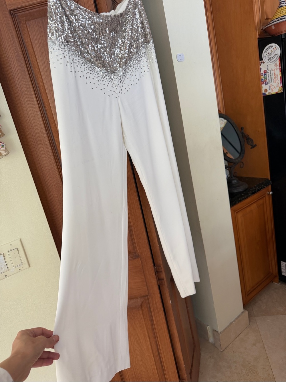 Sachin + Babi White Straight-Leg Pants with Silver Sequin Fringe